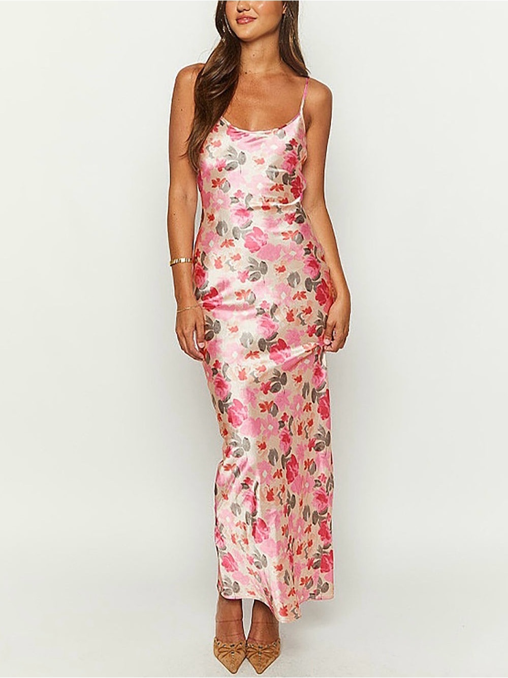 Commense Pink Cream Floral Cami Maxi Dress Square Neck Resort Cottagecore M